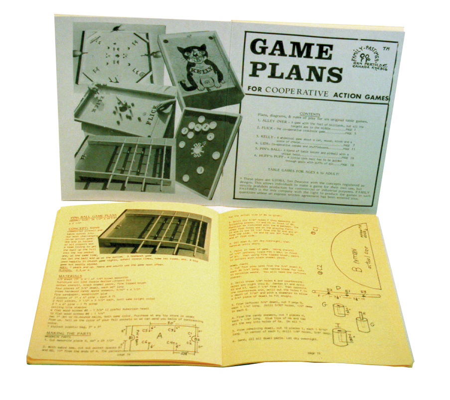 Action Game Plans - Ages 6 to Adult Click for a larger image At our displays, folks sometimes study our large wooden table games and do hasty sketches. With this book of plans, we make it easy for you to build all six of the Action Games yourself. The package contains photographs, materials lists, step by step instructions, illustrations, and rules of play — all you need to get you going. The plans are for the handy person who likes to make wooden games for family and friends, for the teacher looking for interesting woodworking projects, etc.; but not for commercial purposes. The original table games included are: A little cork ball has to be put in goal with puffs of air. A whimsical game about a cat, mouse, birds and a piece of cheese. The co-operative Crokinole game. A combination of billiards, caroms and shuffleboard. A blend of table soccer and pinball with a unique twist. The targets are in the middle at the top of a hill, making for lots of back-and-forth action. © 1983, 1997