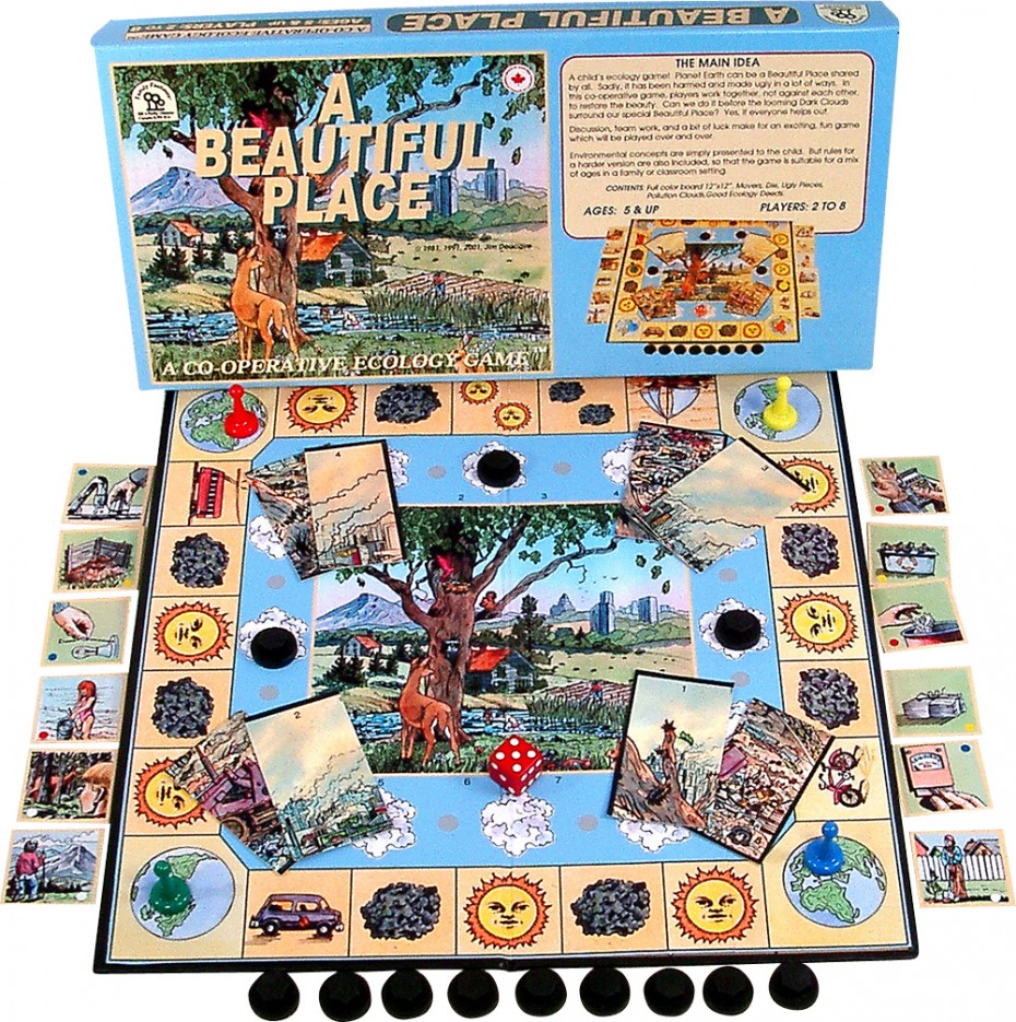 A Beautiful Place 2 to 4 Players, Ages 4 to 7 Click for a larger image An ecology game for children! Planet Earth can be a beautiful place, shared by all. Sadly, it has been harmed and made ugly in lots of ways. Players work together to restore the beauty. Can they do it before the dark pollution clouds encircle the beautiful place? They have a much better chance if they work together. Environmental concepts are presented in a simple way. Or, just play it as an exciting nature game. Includes: 12 x 12" board, pollution clouds, ugly puzzle, good ecology deed tokens, movers, die. © 1981 Our customers say: "This has become a real favourite in my classroom." — Winnipeg, Man.