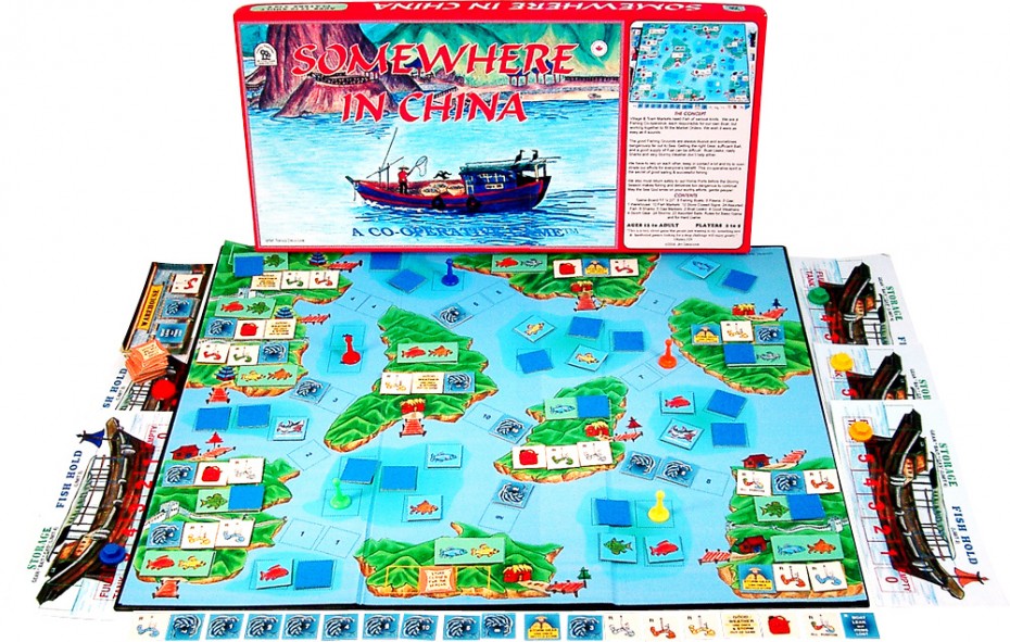Somewhere in China - 2 to 5 players, Ages 12 to Adult Click for a larger image Village and Town Markets need Fish of various kinds. We are a Fishing Co-operative, each responsible for our own Boat, but working together to fill the Market Orders. We wish it were as easy as it sounds.The good Fishing Grounds are always elusive and sometimes dangerously far out to Sea. Getting the right Gear, sufficient Bait, and a good supply of Fuel can be difficult. Boat Leaks, nasty Sharks and very Stormy Weather don’t help either. We have to rely on each other, keep in contact a lot and try to coordinate our efforts for everyone’s benefit. This co-operative spirit is the secret of good sailing and successful fishing. We also must return safely to our Home Ports before the Stormy Season makes fishing and deliveries too dangerous to continue. May the Forces that be smile on our efforts! Includes: 17 x 20" board, rules for basic & advanced games, 5 fishing boats, 5 pawns, 5 gas, 1 warehouse, 12 fish markets, 12 store closed signs, 24 assorted fish, 6 sharks, 5 gas markers, 2 boat leaks, 4 good weathers, 4 storm gear, 24 storms, 22 assorted baits. © 2004 Our customers say: "A very clever game that will delight those just wanting to try something different, yet prove challenging to hardboiled gamers looking for a deep gaming experience." — Ottawa, Ontario