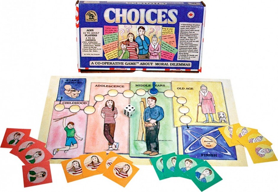 Choices - 4 to 24 players, Ages 12 to Adult Click for a larger image A values oriented, moral dilemma game of discussion and evaluation of challenges that an individual encounters from childhood to old age. The situations and questions appear on cards with choices to make. Players can create their own responses and more situations to enter into the game. Any group that gathers for some learning about living will find this game a useful tool to stimulate values discussion in a non-competitive framework. Includes: 14 x 18" play pad, 4 sets of questions, for childhood, adolescence, middle years and old age, mover, die, game, complete rules. © 1976