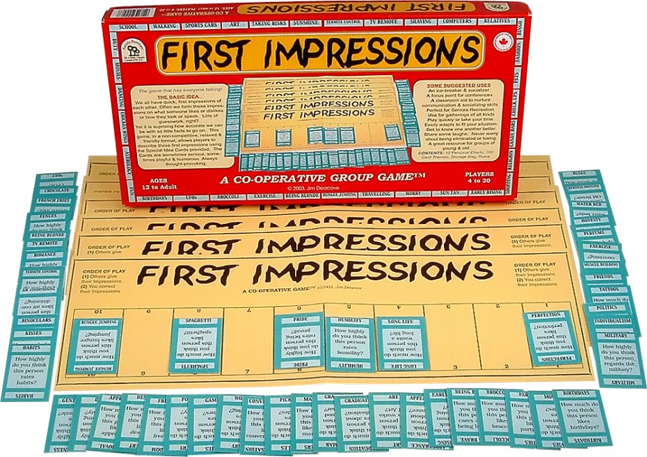 First Impressions 4 to 20 players, Ages 12 to Adult Click for a larger image The game that has everyone talking! Often we form first impressions of each other based on what someone likes or dislikes, or how they look or speak. This game, in a non-competitive, relaxed and friendly format, allows players to describe these first impressions using the Special Idea Cards provided. The Cards are sometimes serious, sometimes playful and humorous. Always thought-provoking. Some suggested uses: Ice-breaker & socializer Focus point for conferences Classroom aid to nurture communication skills Seniors recreation time Get to know each other! Share some laughs. A great resource for groups of young & old. Play quickly or take your time. Easily adapts to all situations. Never worry about being eliminated or losing. Includes: 10 personal charts, 220 card themes, rules. © 2003