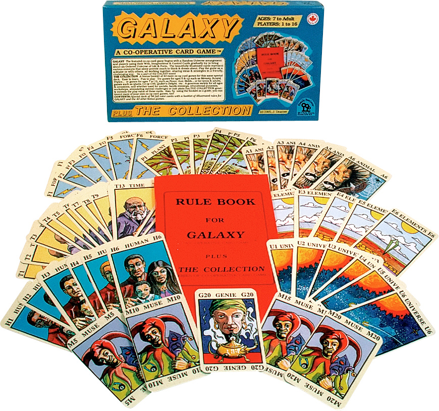 1 to 6 players, Ages 6 to Adult Click for a larger image The game begins with a Random Universe arrangement. Players, using their Wits, Imaginations and Control Cards, try to create an Ordered Universe of Life and Form. The beautifully illustrated cards represent various concepts that alone provide much to think and dream about. Play solitaire or with others, sharing ideas and strategies in a friendly, challenging way. This game also includes The Collection, a booklet of 40 more fun and easy-to-learn co-op card games for the same deck. For ages 5-9, try Memory, Swami, or Triples; for ages 7-12, try Peace, Zoot or Melds; for teens and adults, try Quota, Co-op Crib or Quilter's Delight. Whether used for socials, family evenings, educational purposes, workshops, stimulating mental challenges or just plain fun, The Collection greatly extends the play value of these cards. © 1984, 1996 Our customers say: "My wife and I are addicted to playing your co-operative cribbage." — Utah, USA