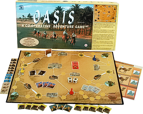 Oasis - 1 to 8 players, Ages 9 to Adult Click for a larger image You are Camel Drivers, guiding Caravans from your Home Village through the Desert, gathering various Valuable Things to trade and sell when and if you reach The City. Along the way, watch for sudden Sandstorms that can eliminate you, and Thieves who can appear anywhere. Help each other look after all the Caravans. Discuss, plan strategies together, keep an eye out for one another. Travelling through the Desert requires care and alertness. Storms can move quickly, sometimes almost unpredictably. Be wary, fellow adventurers, for the Dangers are many, but the Rewards are oh so great! May Allah bless your journey a thousandfold! Includes: 13 x 17" board, special dice, sandstorm card and holder, caravan movers, desert caravan collector card, assortment of special cards including tents, thieves, valuables, guards, camels, food, water, jeeps. © 1999 Three games in one: Play this game as Oasis Jr. (ages 5-7), Oasis Classic (ages 7-12), and Master Oasis for ages 12 to adult. Our customers say: "Having three games in one is perfect for us. We'll get many years of play value, as the children grow into the extended versions." — New York, NY "A very challenging game containing unexpected, subtle strategies. It takes a truly collaborative effort to do well." — Sweden
