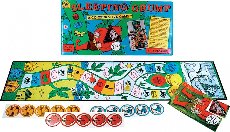 Sleeping Grump 2 to 4 Players, Ages 4 to 7 Click for a larger image A story adventure game! Grump has taken the villagers' treasures and is now fast asleep at the top of the beanstalk. Together, players climb to the top to recover their treasures. Grump may not be wakened or he takes back everything. Players share the treasures and leave some behind for Grump. Their kindness will help change him. The game is won when everyone has some of the treasure. Includes: 6 x 24" board, die, blue sapphires, golden eggs, magic cherries, harps, movers. © 1981 Our customers say: "My four year old and I have played so often we have worn a path in the board!" — USA