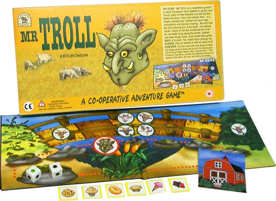 Mr. Troll Click for a larger image Players work together to get the Goat Family safely to New Meadow and into the Barn before the Scary, Hairy Troll catches them. In a simple, exciting way, children will learn logic, consultation and decision making. We don't like the Troll catching any of the Goats. He captures them mainly to Eat and sometimes for a Pet. So, we'd better bring along the donuts, cookies, and other things much, much tastier than Goats! Includes: full color board , 2 special dice, 1 troll, 6 various food items, 6 goats, rules. © 2009